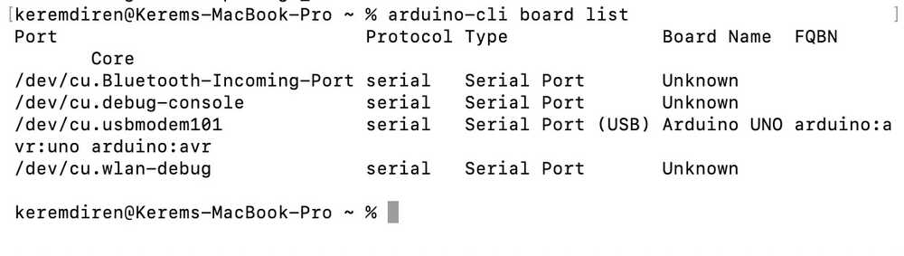Arduino CLI board list