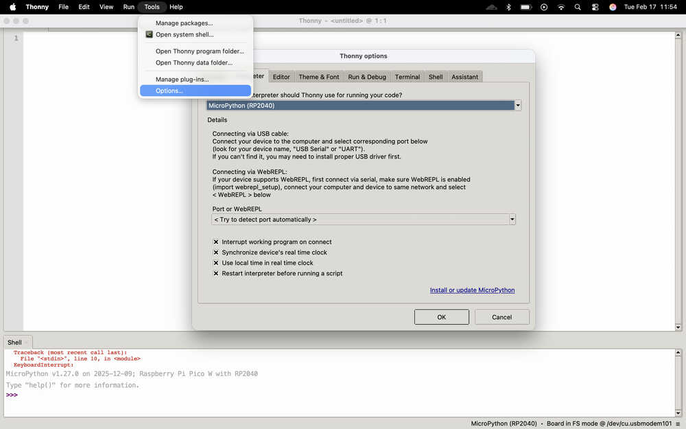 Thonny options menu