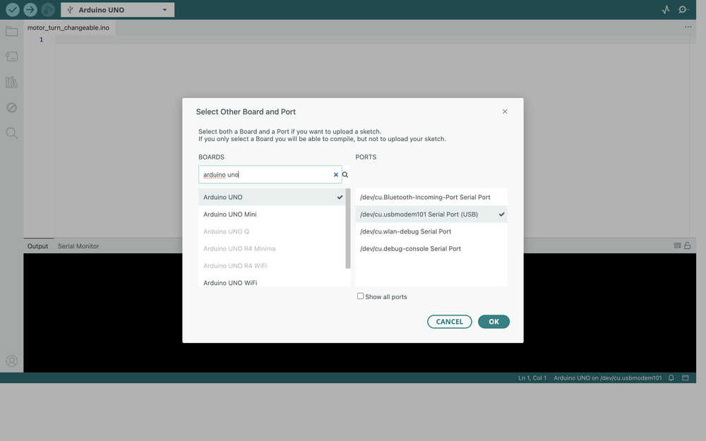 Arduino Uno port selection